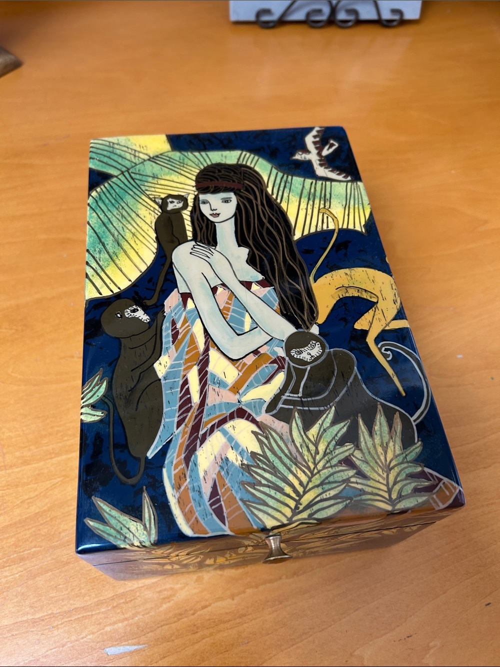 Hand-Painted Decorative Jewelry Box with Woman & Monkeys - Navy, Gold, Green